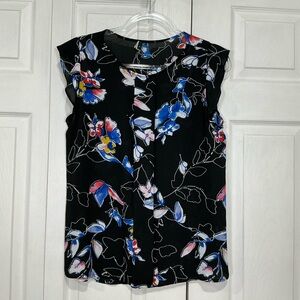 🍓 TAHARI Black Floral Short Sleeve Lightweight Blouse Top Shirt - Medium